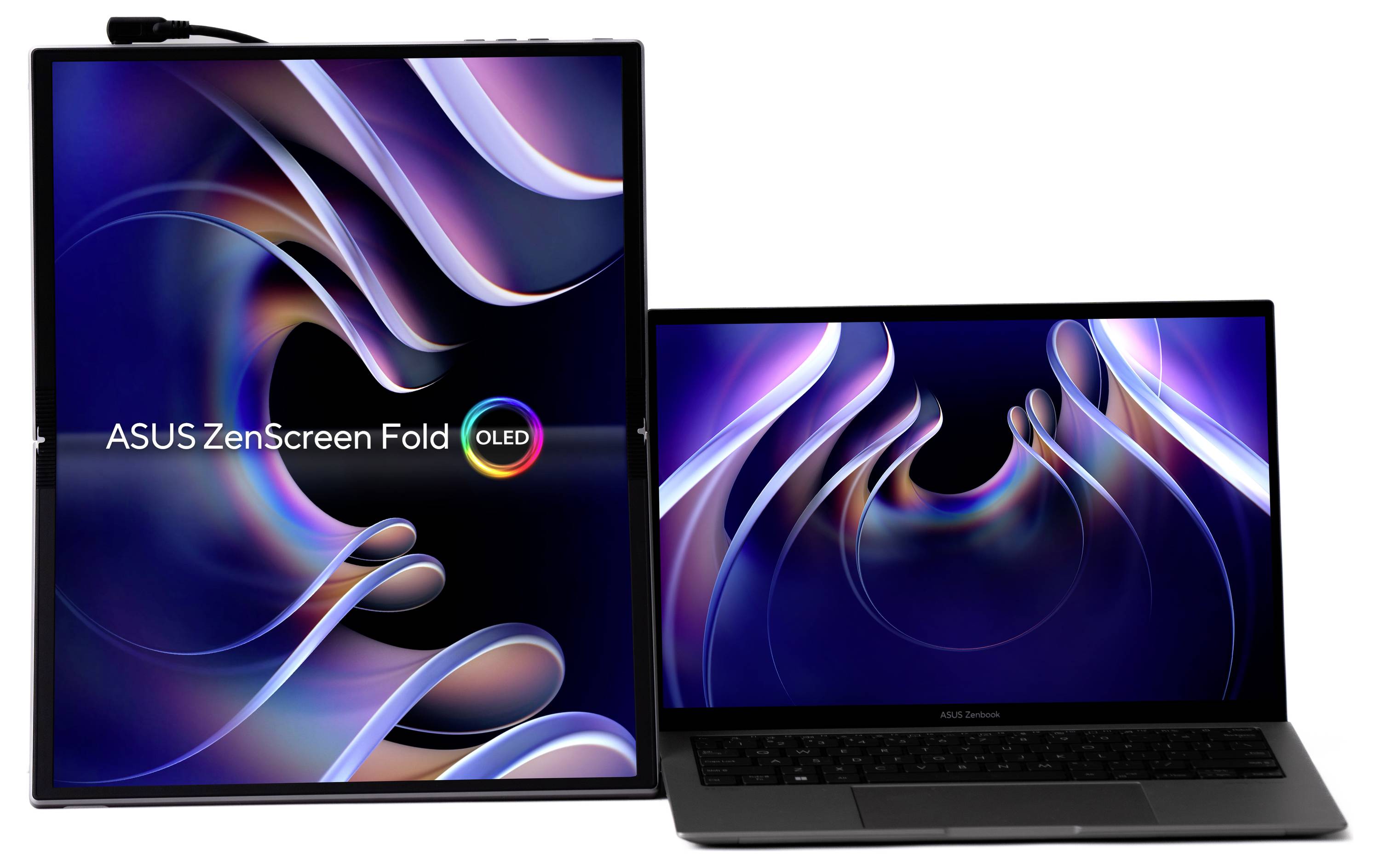 Två ASUS ZenScreen Fold OLED-skärmar, en vertikalt ihopvikt och den andra horisontellt, visar ett färgglatt, abstrakt mönster.