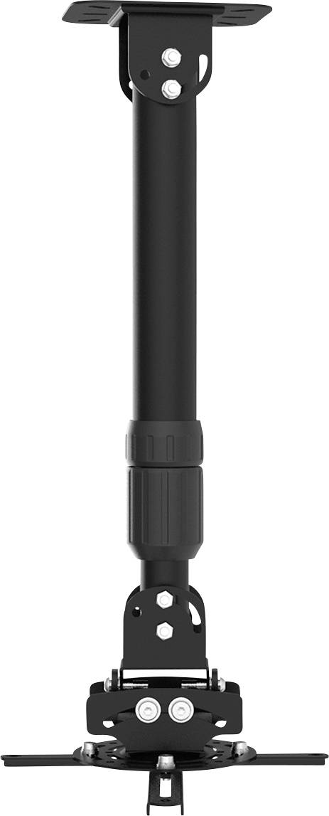 En svart projektorhållare med justerbart fäste, lämplig för takmontering, visas vertikalt.