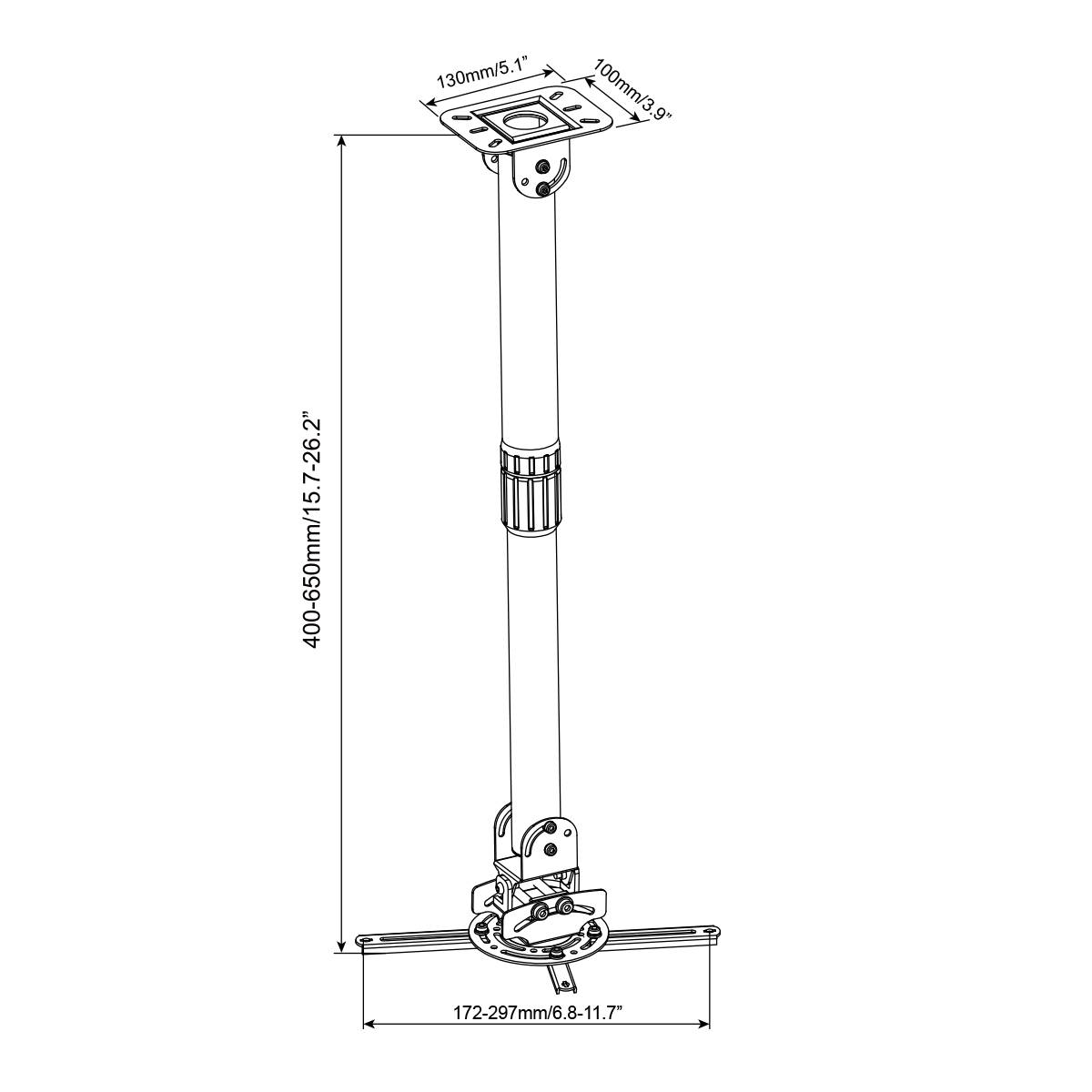 Höjdjusterbart projektorhållare med monteringsplatta och teleskoparm, utdragbar mellan 400-650 mm, för takmontering.