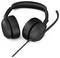 Svart trådbundet headset med mikrofon, lämpligt för datorer och telefonsamtal, avbildat mot vit bakgrund.
