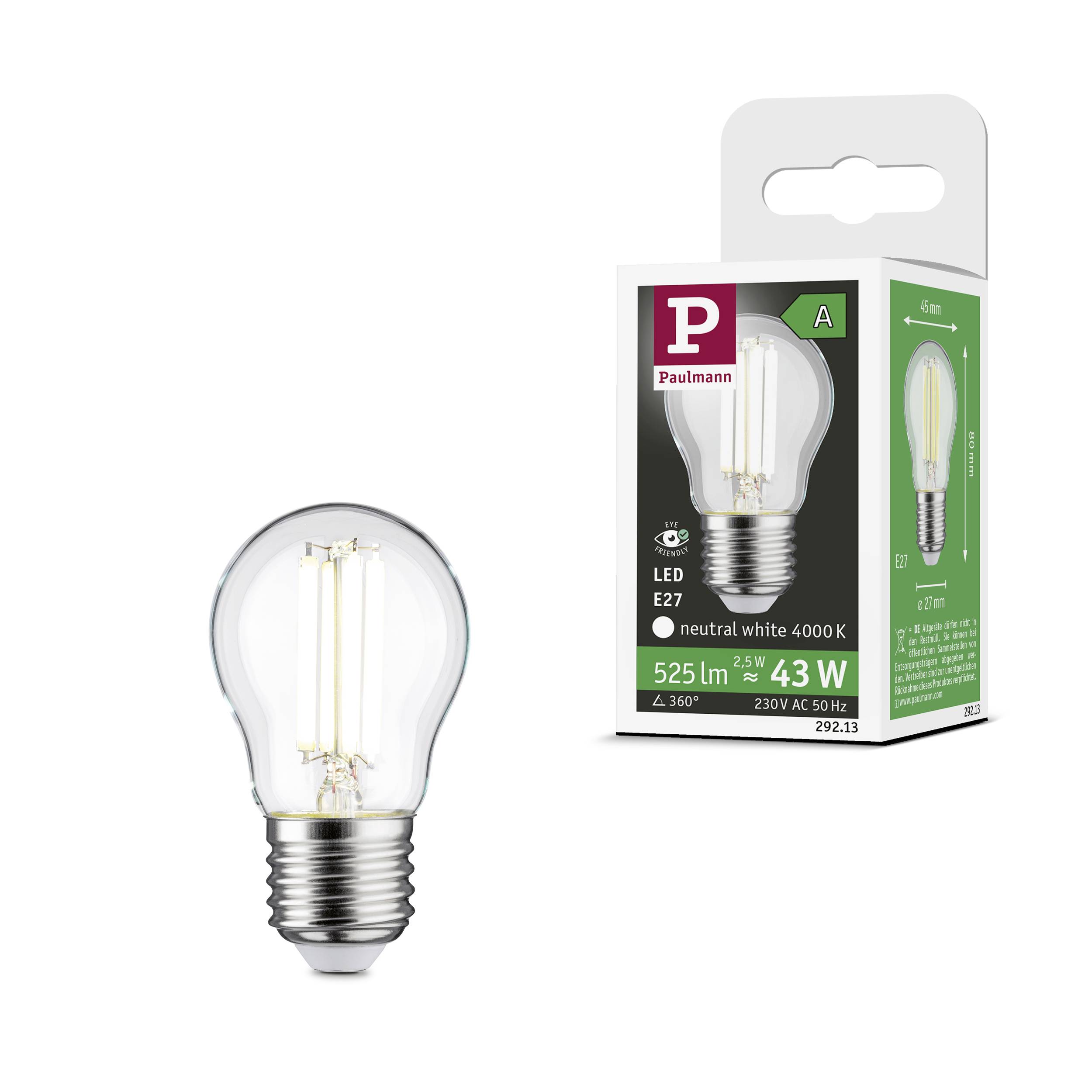 En LED-glödlampa med E27-sockel, 43 watt, neutralvit (4000 K), 525 lumen, visad bredvid sin förpackning.