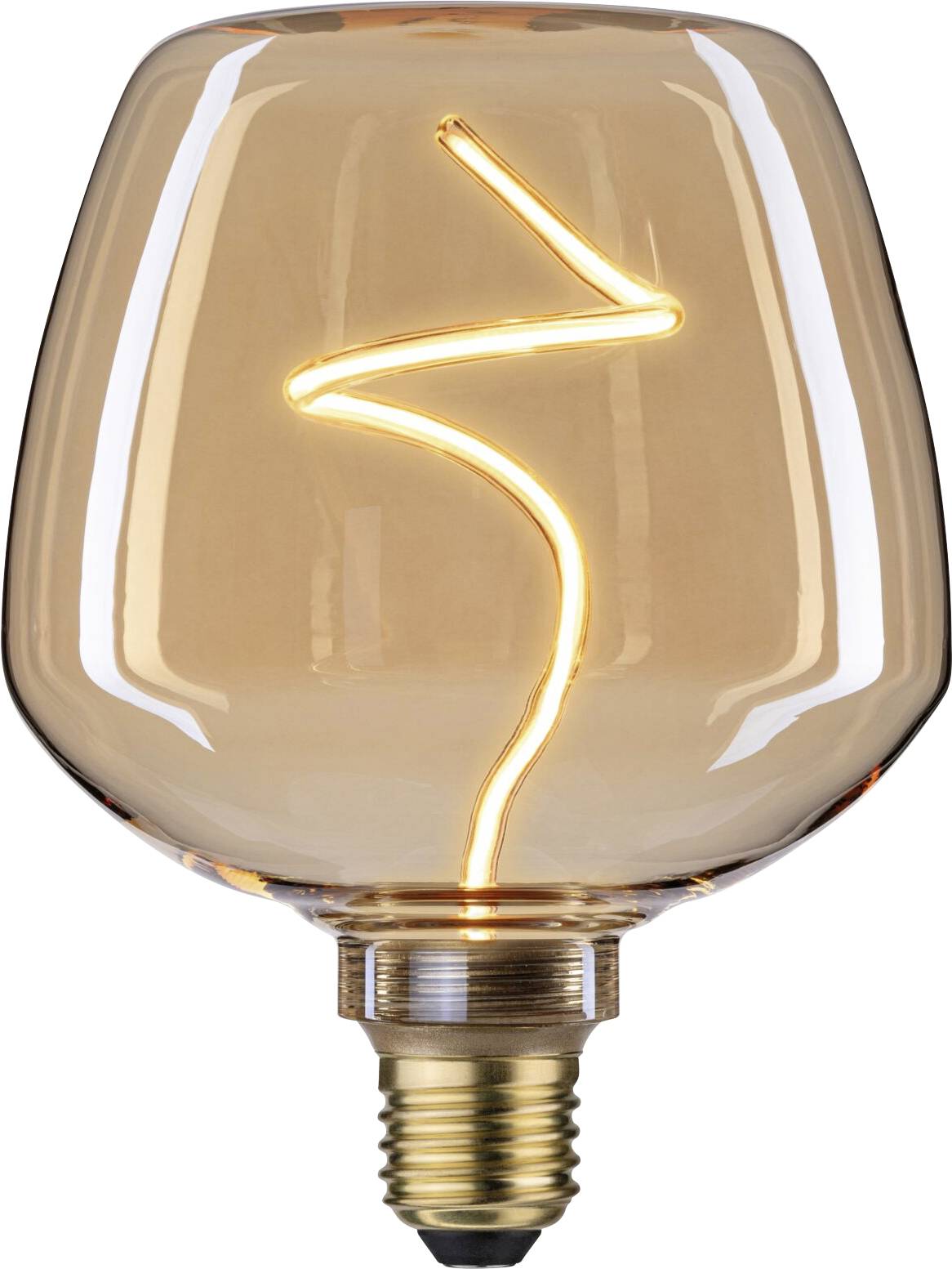 En stilfull glödlampa med en dekorativ, böjd glödtråd inuti. Lampan ger ett varmt, bärnstensaktigt sken.