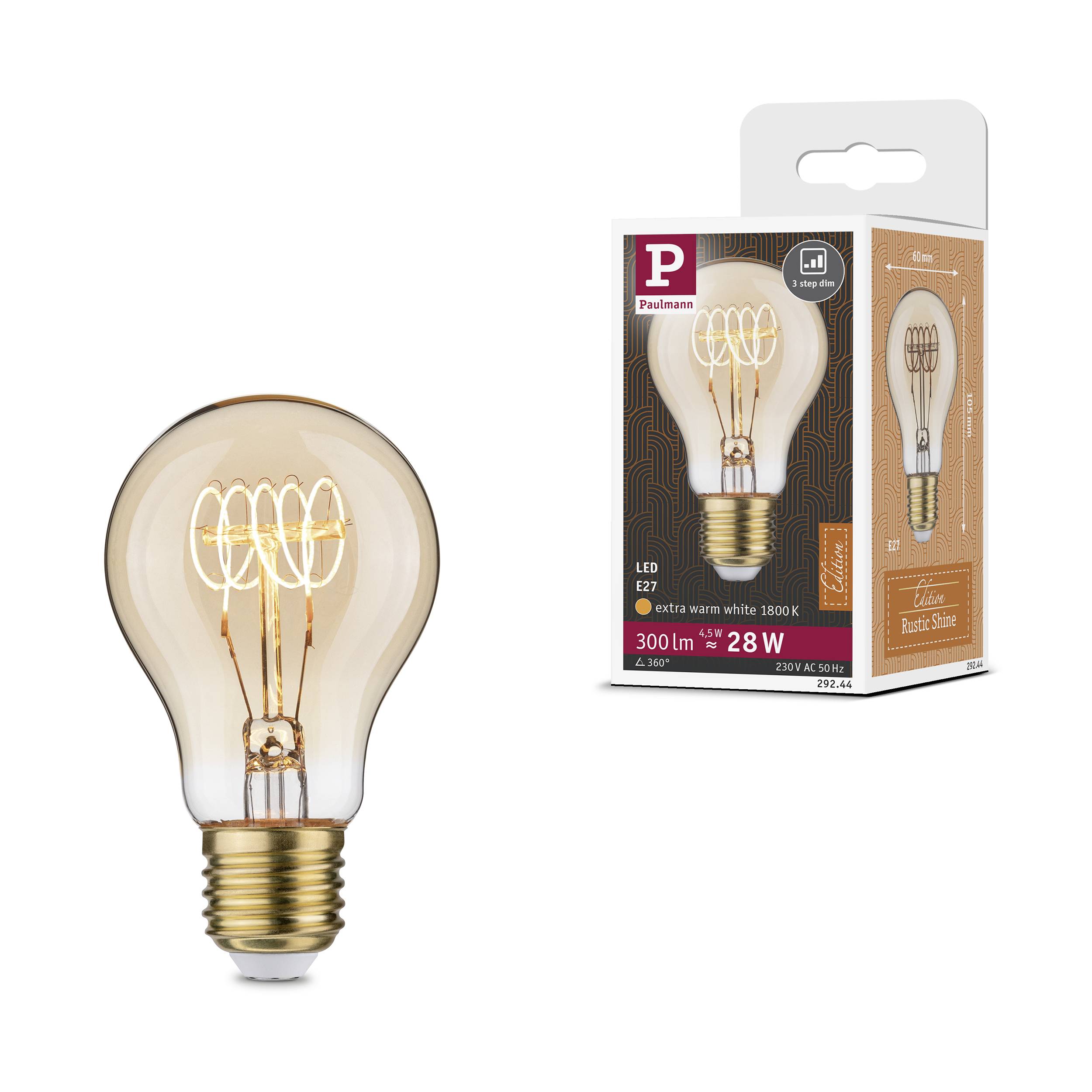 Glödlampa 'Paulmann LED E27' med 300 lumen och 28W, varmvitt ljus (1800K). Förpackningen i bakgrunden visar produkten.