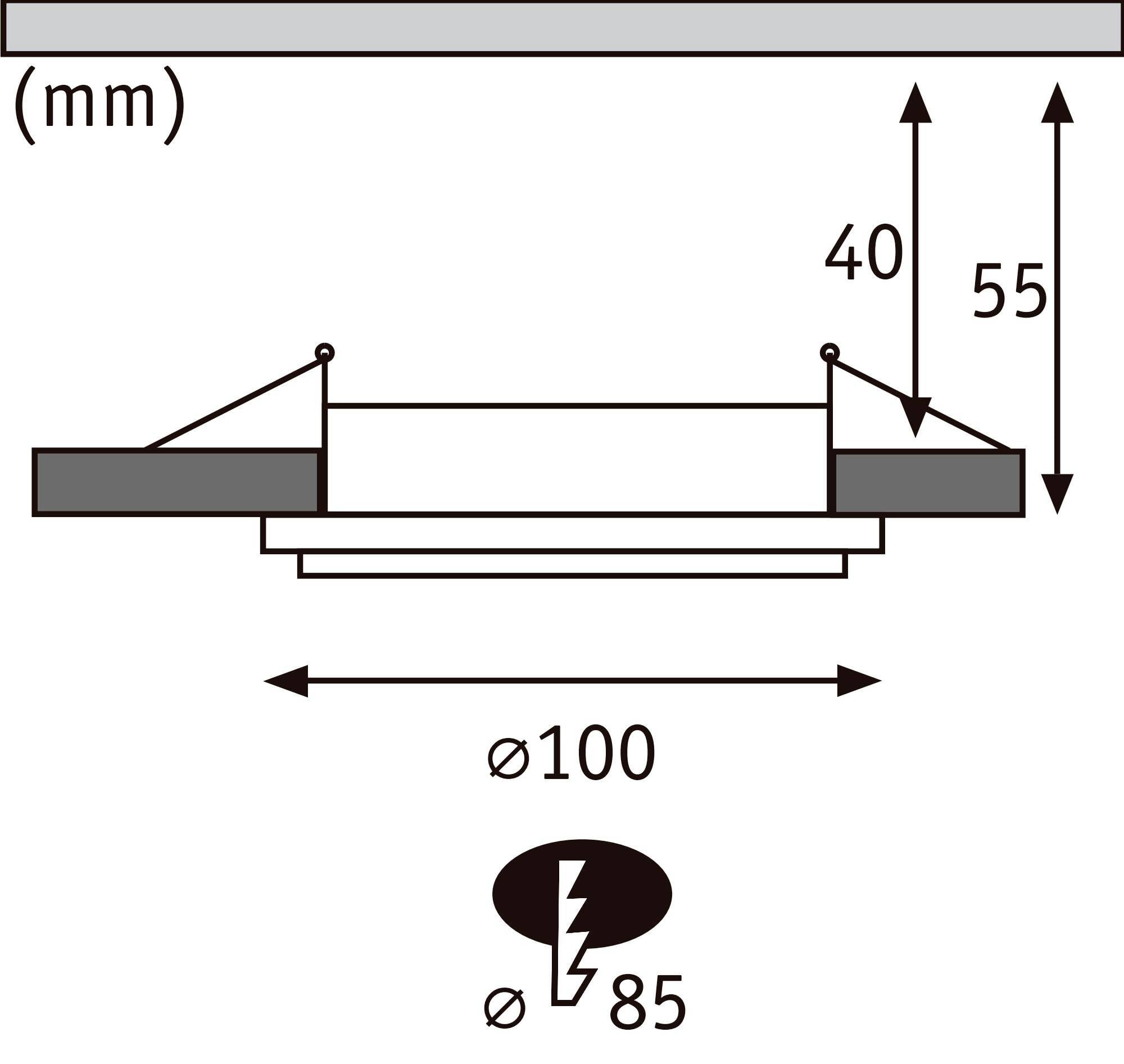 Diagrammet visar ett rundformat, plant föremål med en diameter på 100 mm och en inbyggnadsdjup mellan 40 och 55 mm. Blixtsymbol med Ø85 mm.