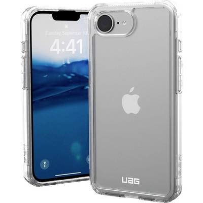 Två iPhones med genomskinliga fodral. Den ena visar skärmen med tiden '4:41' och datum, den andra baksidan med Apple-logotypen.