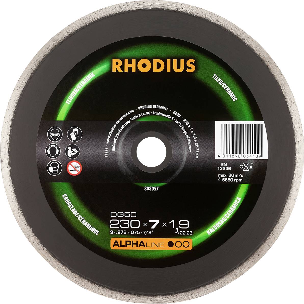 Svart slipskiva med grön och orange text 'RHODIUS'. Lämplig för olika material. Storlek: 230x7x1,9 mm.