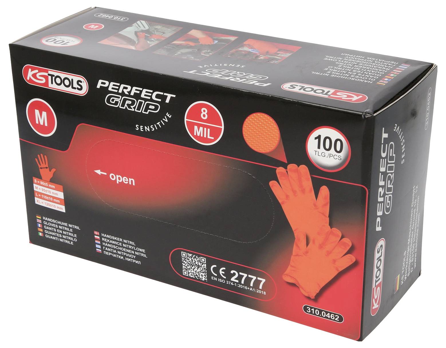 Svart förpackning med röda handskar. Text: 'Perfect Grip', Storlek M, 8 MIL, 100 st. Märke KS Tools.