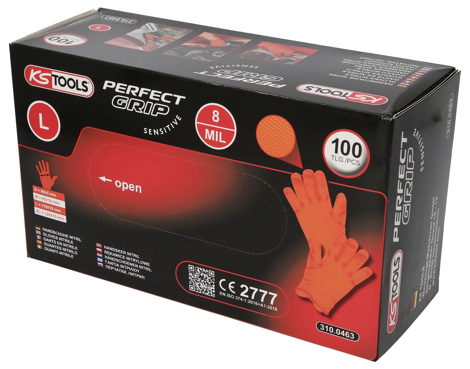 Svart förpackning för 'Perfect Grip Sensitive' handskar, storlek L, 100 stycken, röd-orange handskar avbildade, text 'open'.