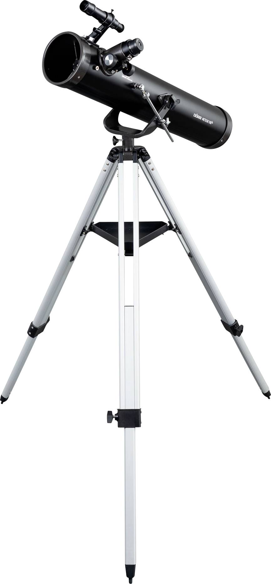 Ett svart teleskop på ett silverstativ, lämpligt för astronomiska observationer.