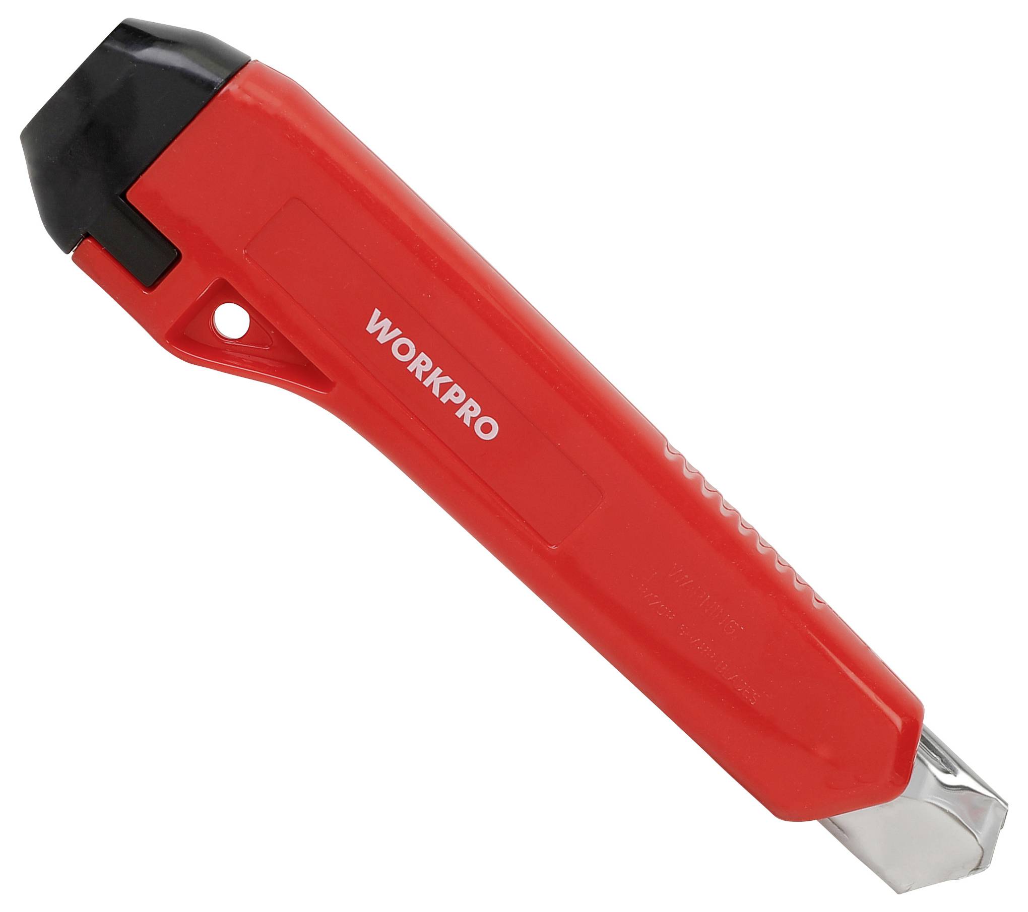 En röd universalkniv med svart spets och ordet 'WORKPRO' tryckt på sidan, avsedd för skärändamål.