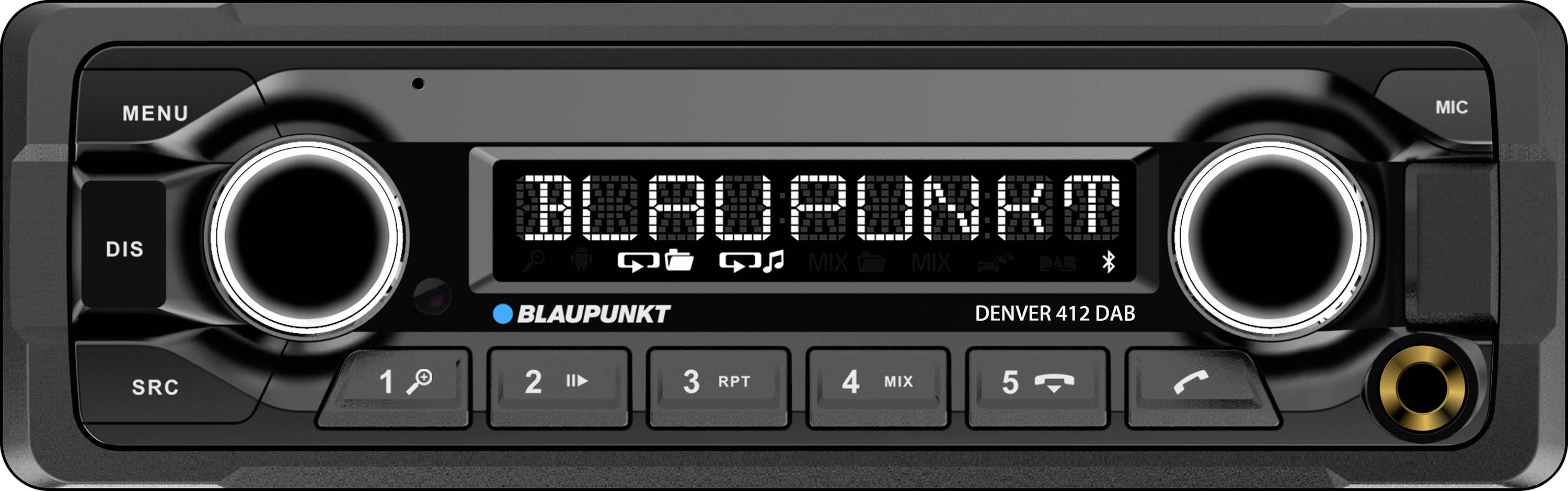 Bilradio-display med texten 'BLAUPUNKT'. Knappar för menyer, kanalbyten, menyalternativ och volymreglage synliga.