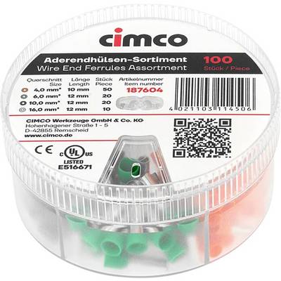 CIMCO kabeländhylsor sortimentsbox med 100 stycken, blandade storlekar, streckkod och QR-kod synliga genom den genomskinliga plastbehållaren.
