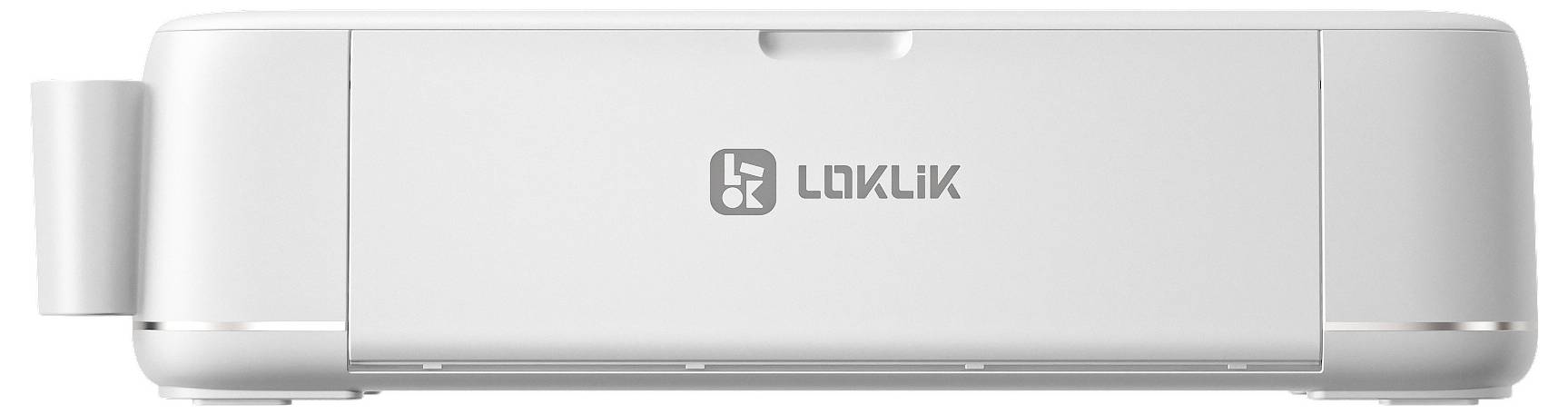 En vit, rektangulär skrivare med logotypen 'Loklik' på framsidan, utan synliga knappar eller reglage.