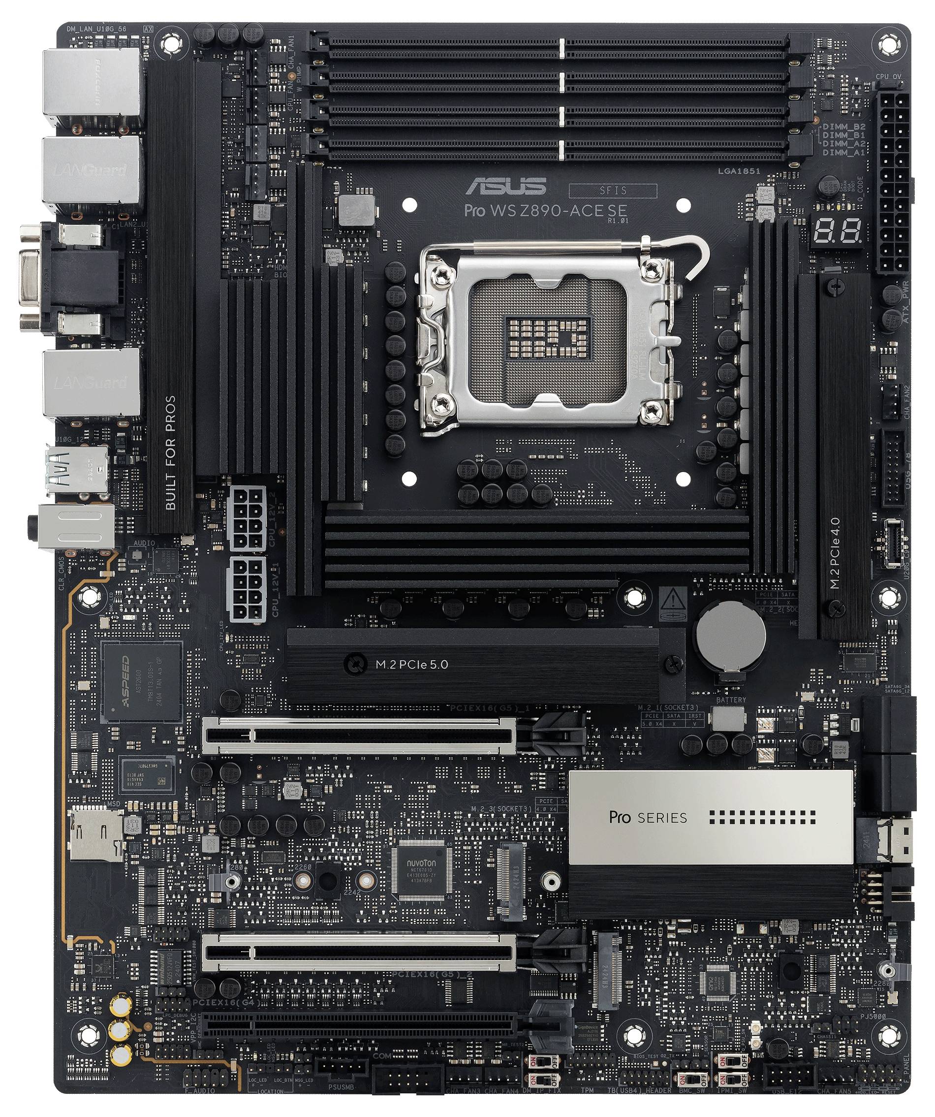 Ett moderkort (mainboard) med flera PCIe-expansionsplatser, RAM-bankar och en CPU-sockel, lämplig för datorbygge.