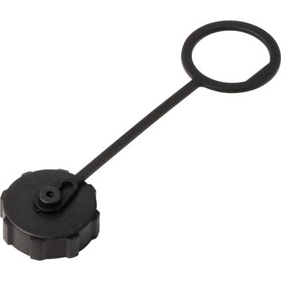 Ett svart, runt plastlock med en flexibel ring fäst vid det, avsedd för säker fastsättning på en behållare.