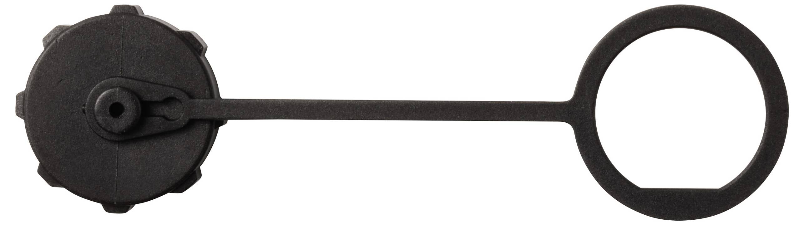 En svart, rund plastlock med ett ringformat handtag är avbildad, sannolikt en förslutning för en ventil eller ett rör.