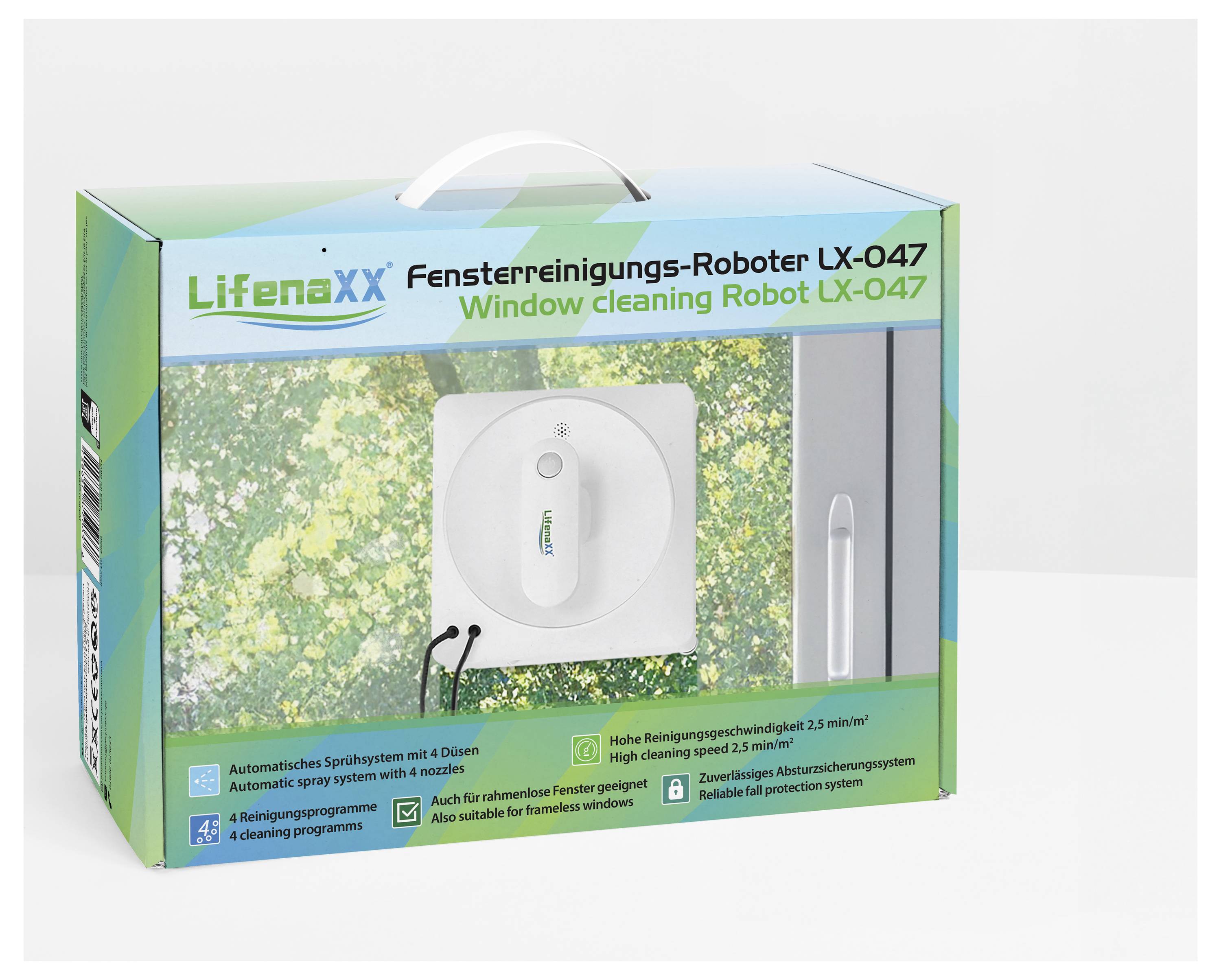 Förpackning till fönsterrengöringsrobot Lifenaxx LX-047 med bild av enheten, trädbakgrund och skriftlig produktinformation.