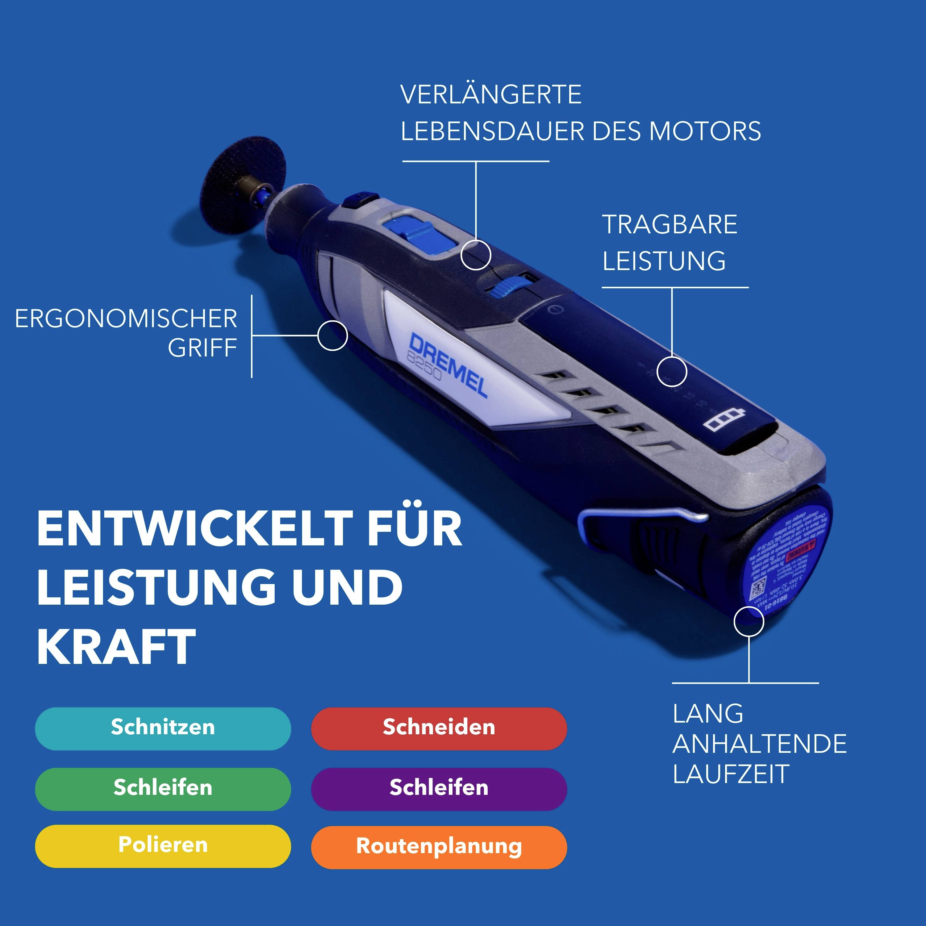 Ett blått multifunktionsverktyg med ergonomiskt handtag, förlängd motorlivslängd och lång drifttid. Text: 'Utvecklad för prestanda och kraft'.