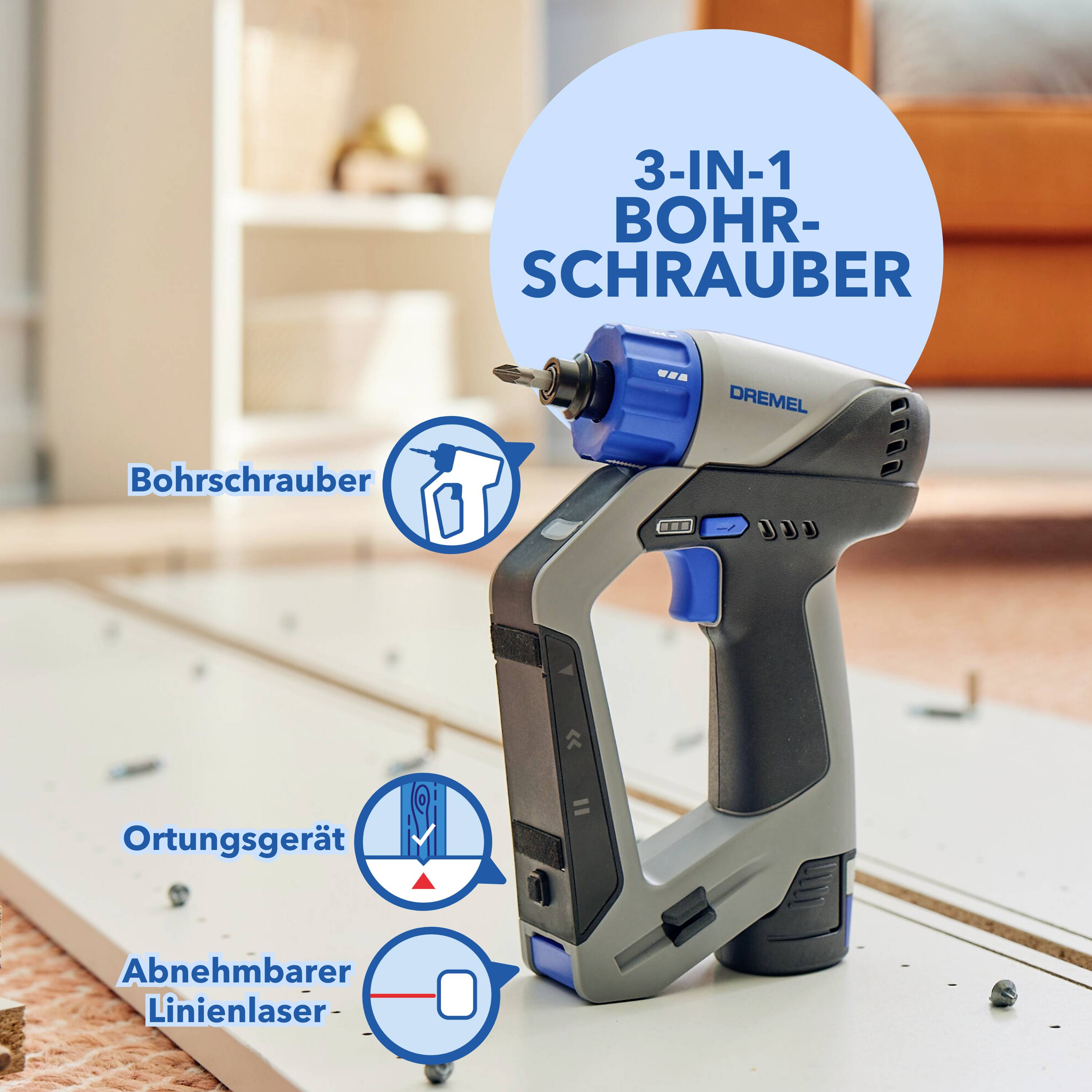 Dremel 3-i-1 borr-skruvmejsel i närbild. Funktioner: Borr-skruvmejsel, lokaliseringsverktyg, avtagbar linjelaser. I bakgrunden syns vardagsrumsinredning.