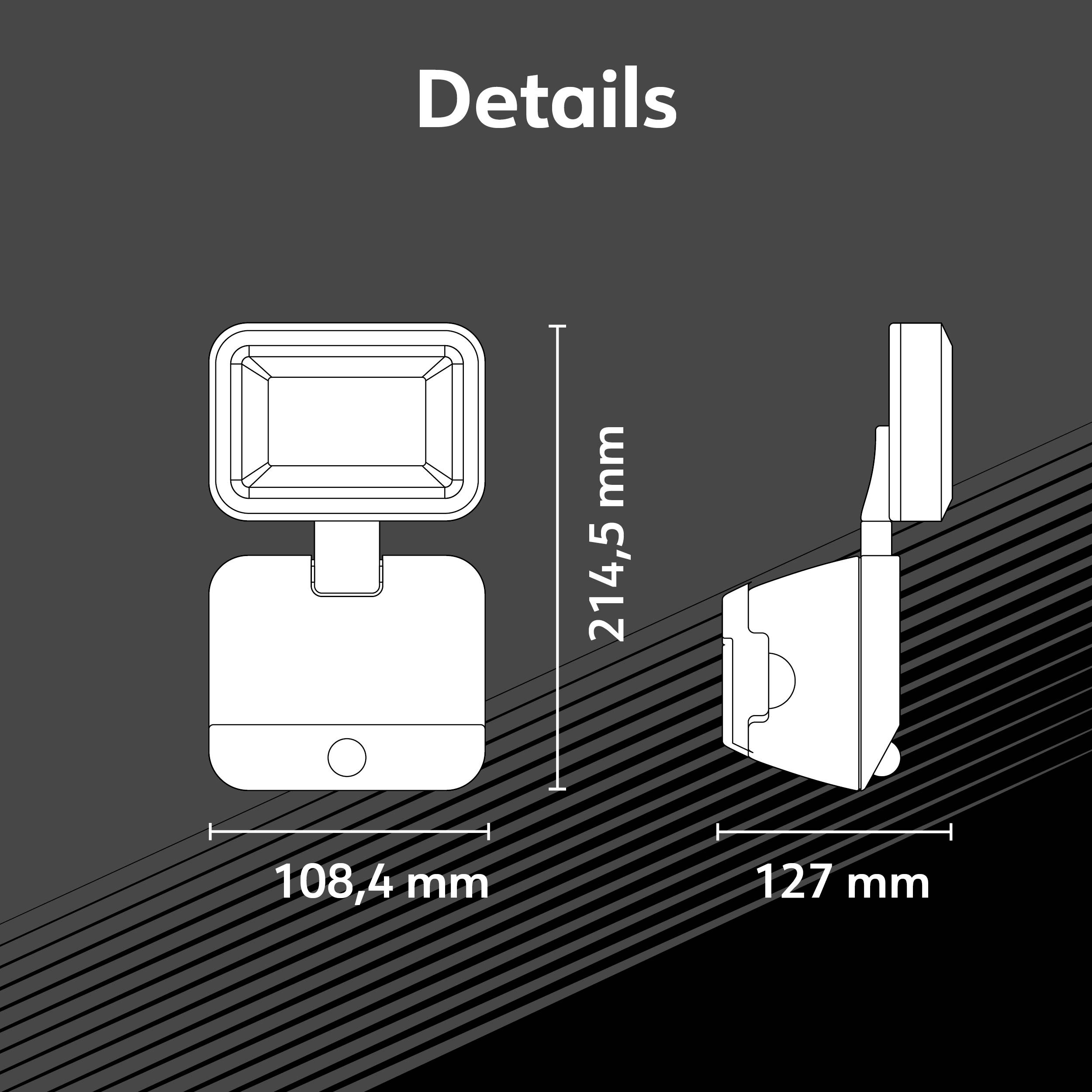 Figur av ett rektangulärt LED-ljus med dimensionerna: höjd 214,5 mm, bredd 108,4 mm, djup 127 mm; fram- och sidovy.