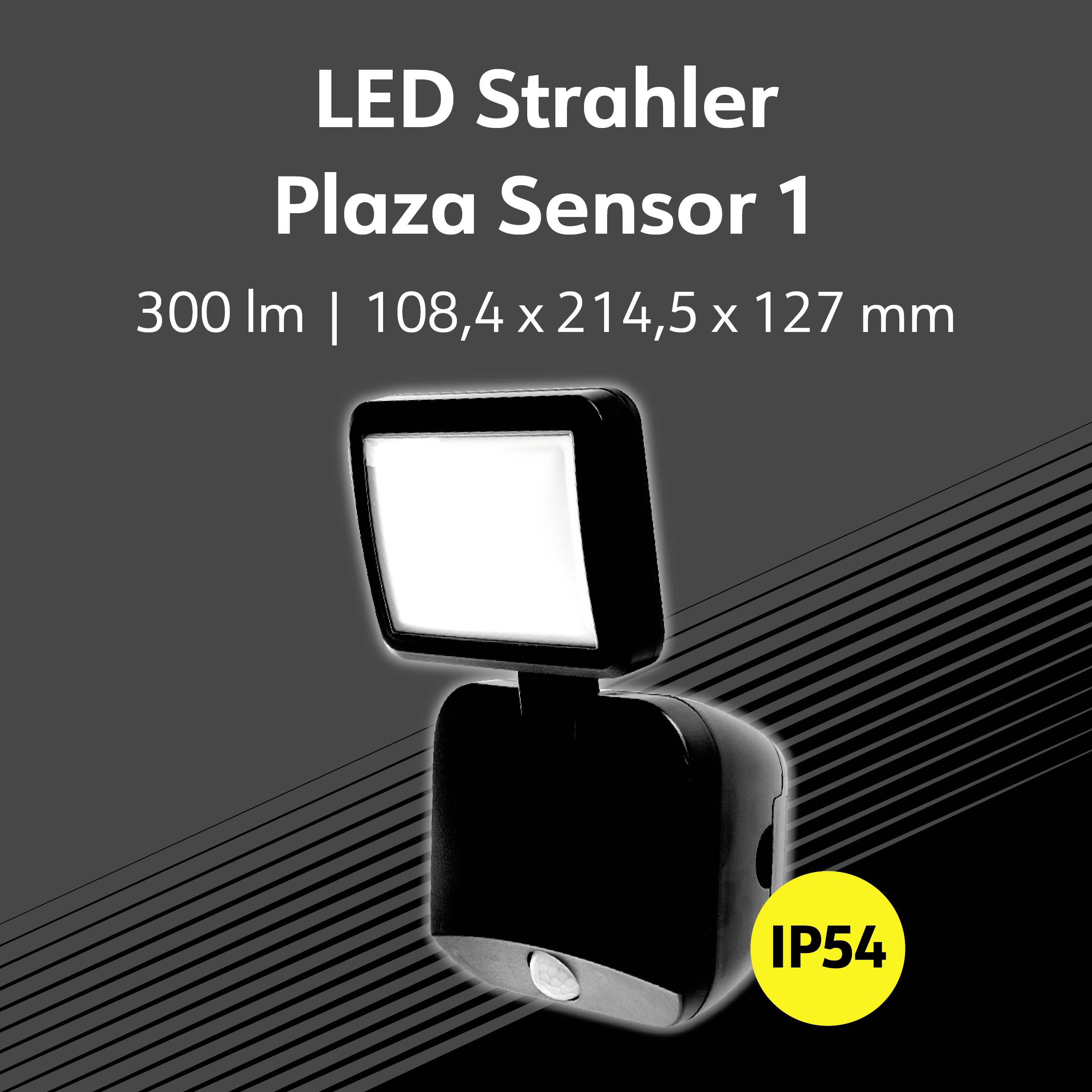 LED-strålkastare med sensor, 300 lumen, storlek 108,4 x 214,5 x 127 mm, skyddsklass IP54, lämplig för utomhusbruk.