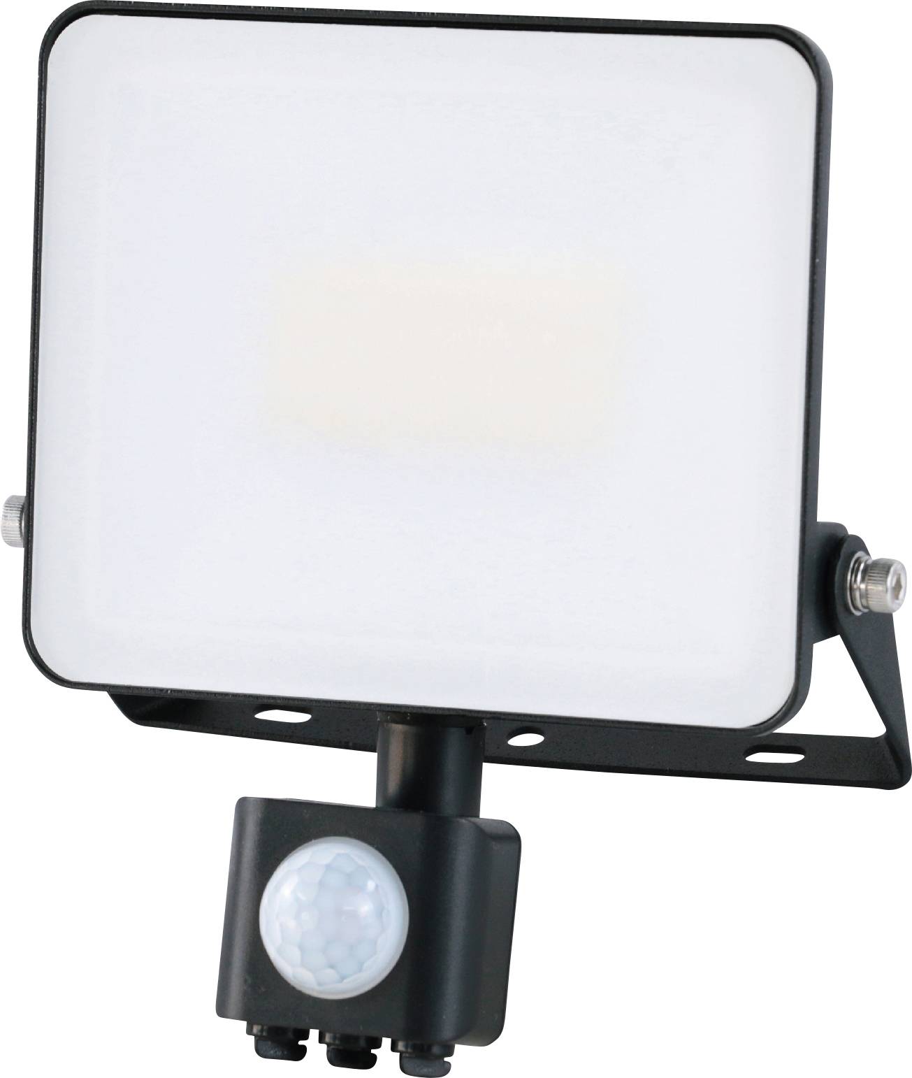 En LED-strålkastare med svart ram och integrerad rörelsesensor, lämplig för utomhusbelysning.