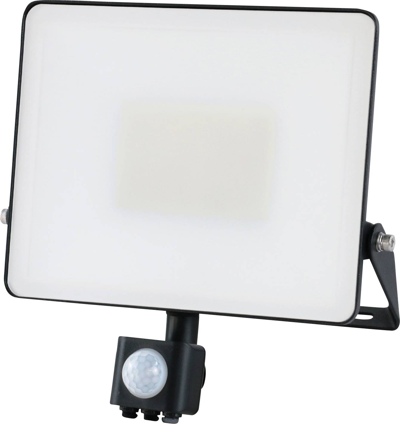 Strålkastare med rörelsesensor, kvadratisk design, svart fäste.