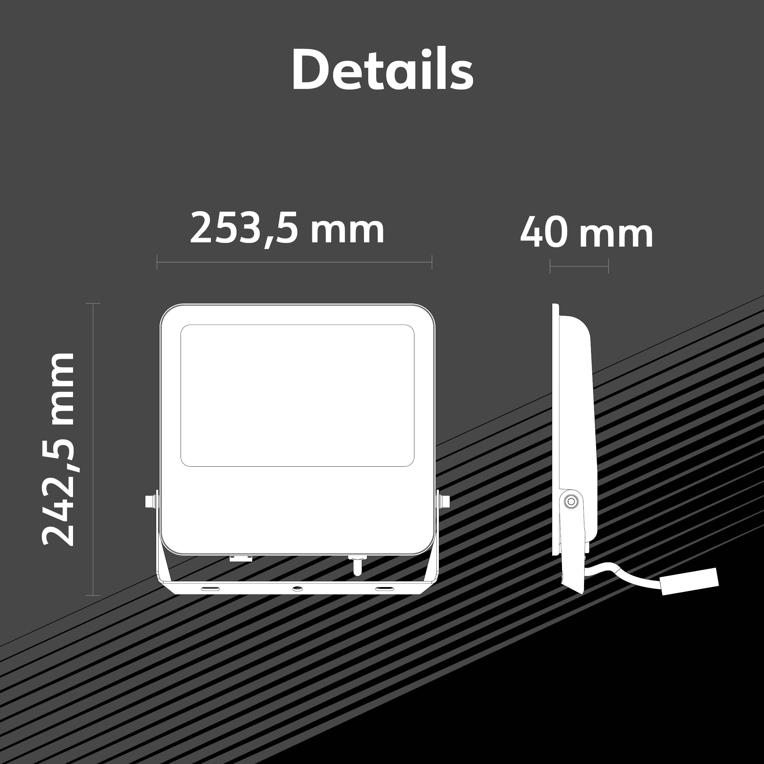 LED-strålkastare med måtten 242,5 mm höjd, 253,5 mm bredd, 40 mm djup. Visar fram- och sidovy mot grå bakgrund.