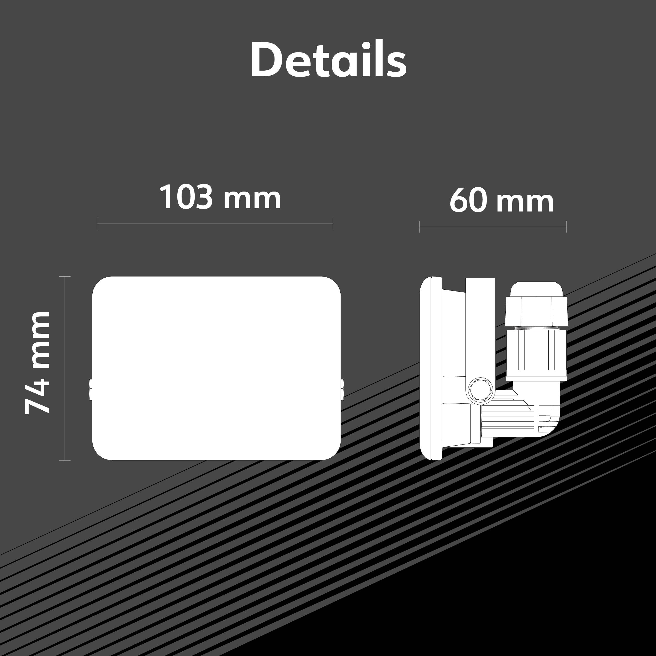 'Detaljer': Diagram över ett rektangulärt föremål med dimensionerna 103 mm x 74 mm x 60 mm, möjligen en teknisk apparat.