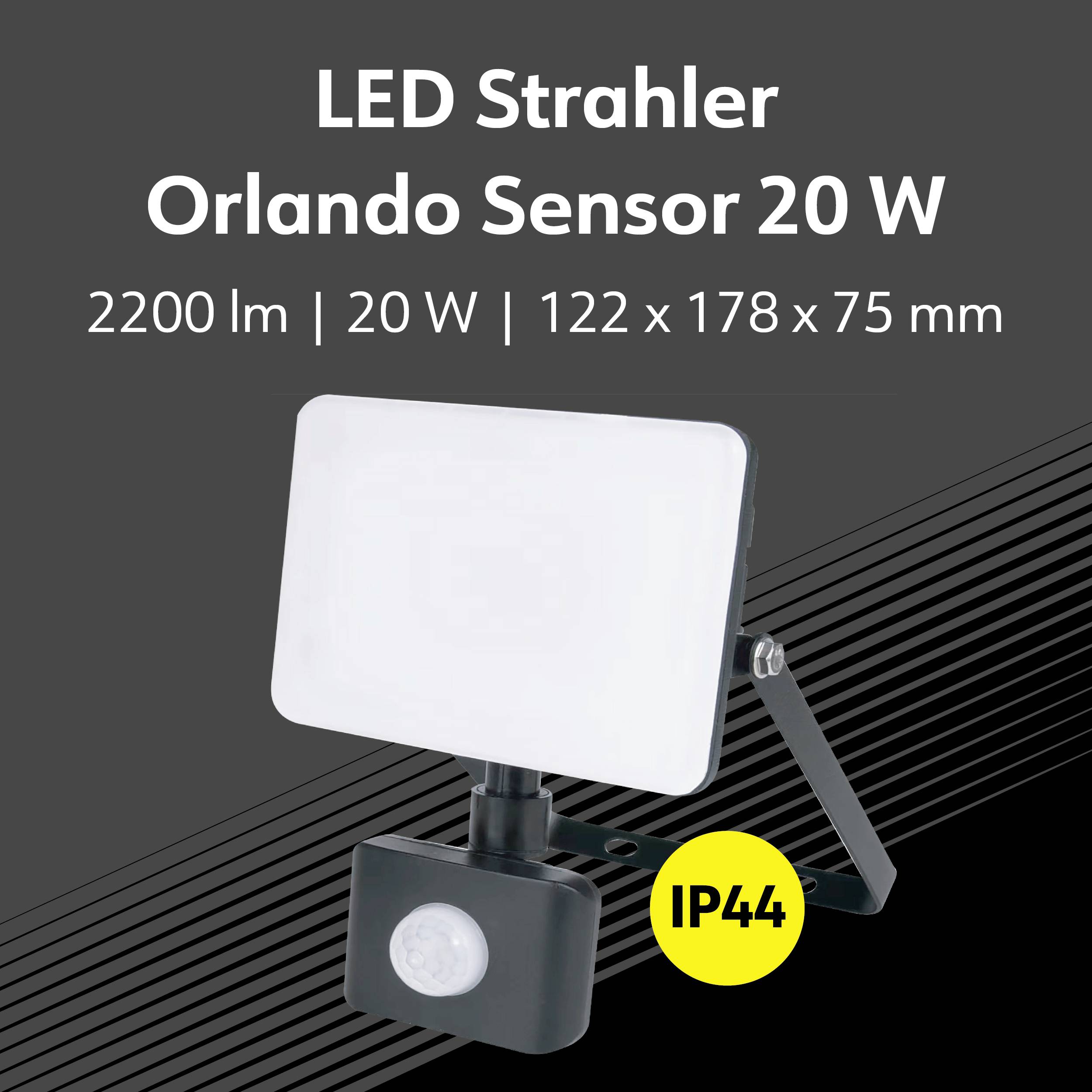 LED-strålkastare 'Orlando Sensor 20 W', 2200 lm, storlek 122 x 178 x 75 mm, IP44, visar produkt med kvadratisk design och rörelsesensor.
