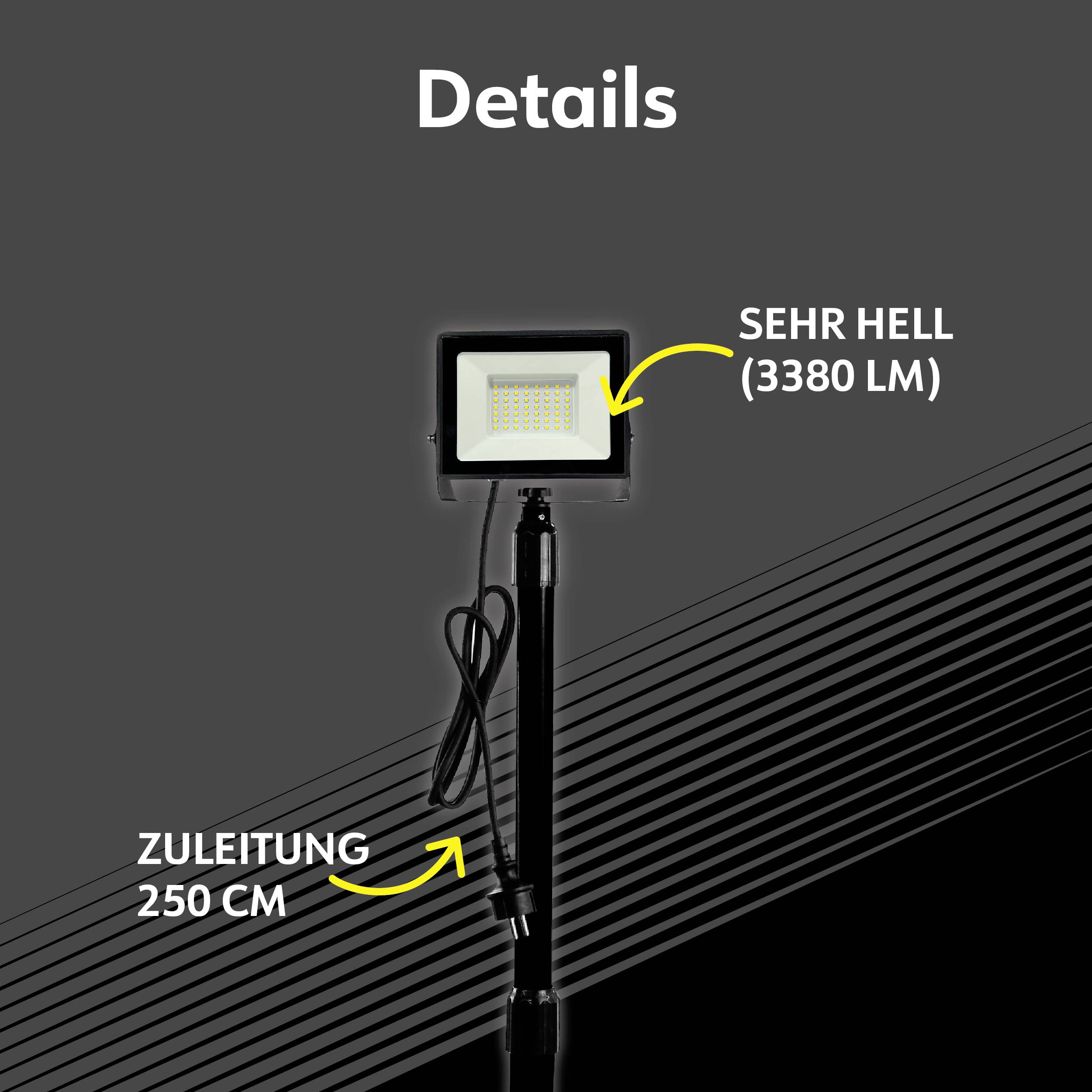 En LED-strålkastare med en ljusstyrka på 3380 lumen och en matningskabel på 250 cm, framför en mörkgrå bakgrund.
