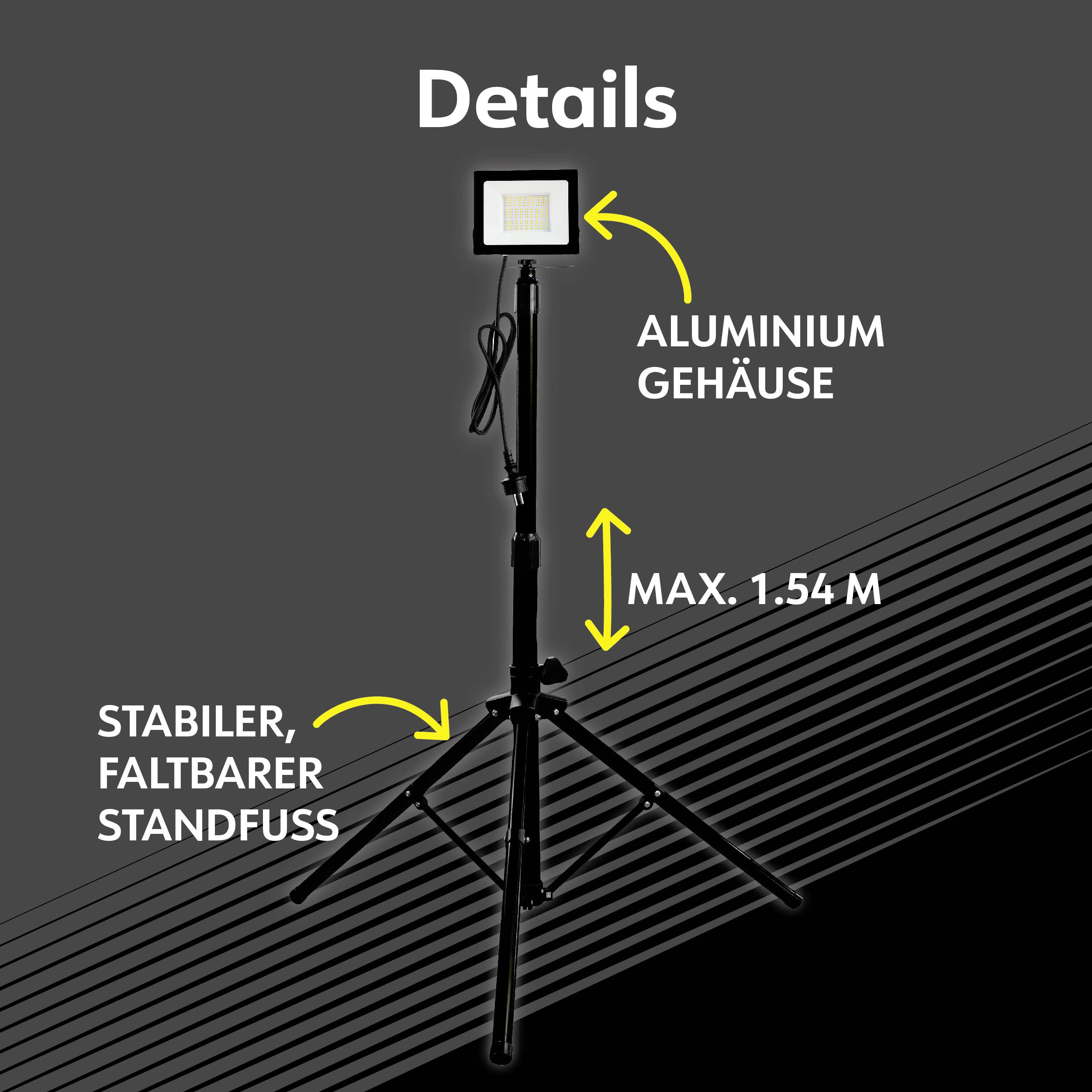 'Details' visar en LED-strålkastare med aluminiumhölje, monterad på ett stabilt, vikbart stativ. Maximal höjd: 1,54 m.