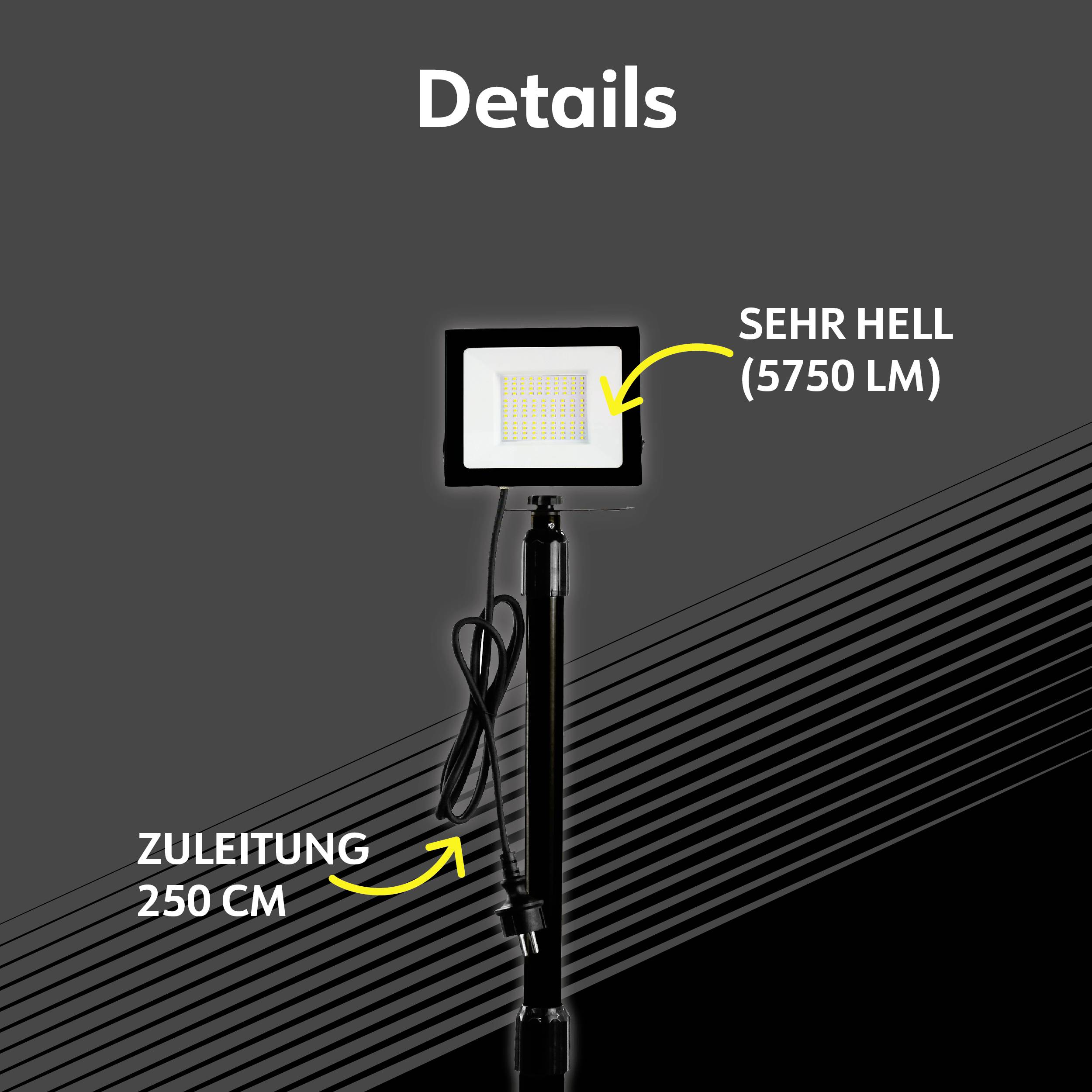 LED-lampa på stativ med 'EXTREMT LJUS (5750 LM)' och 'ANSLUTNINGSKABEL 250 CM'. Svart bakgrund, diagonala linjer längst ner till höger.