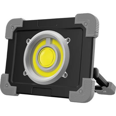 Bärbar LED-arbetslampa med gult LED-ljus i mitten, robust svart hölje och förstärkta grå hörn.