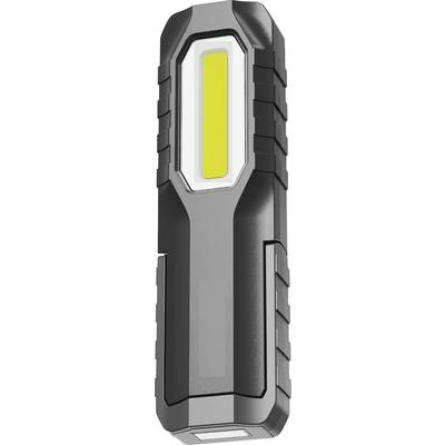 En svart LED-ficklampa med ett neonguligt ljusspår i mitten, rektangulär form, lämplig för utomhusaktiviteter.