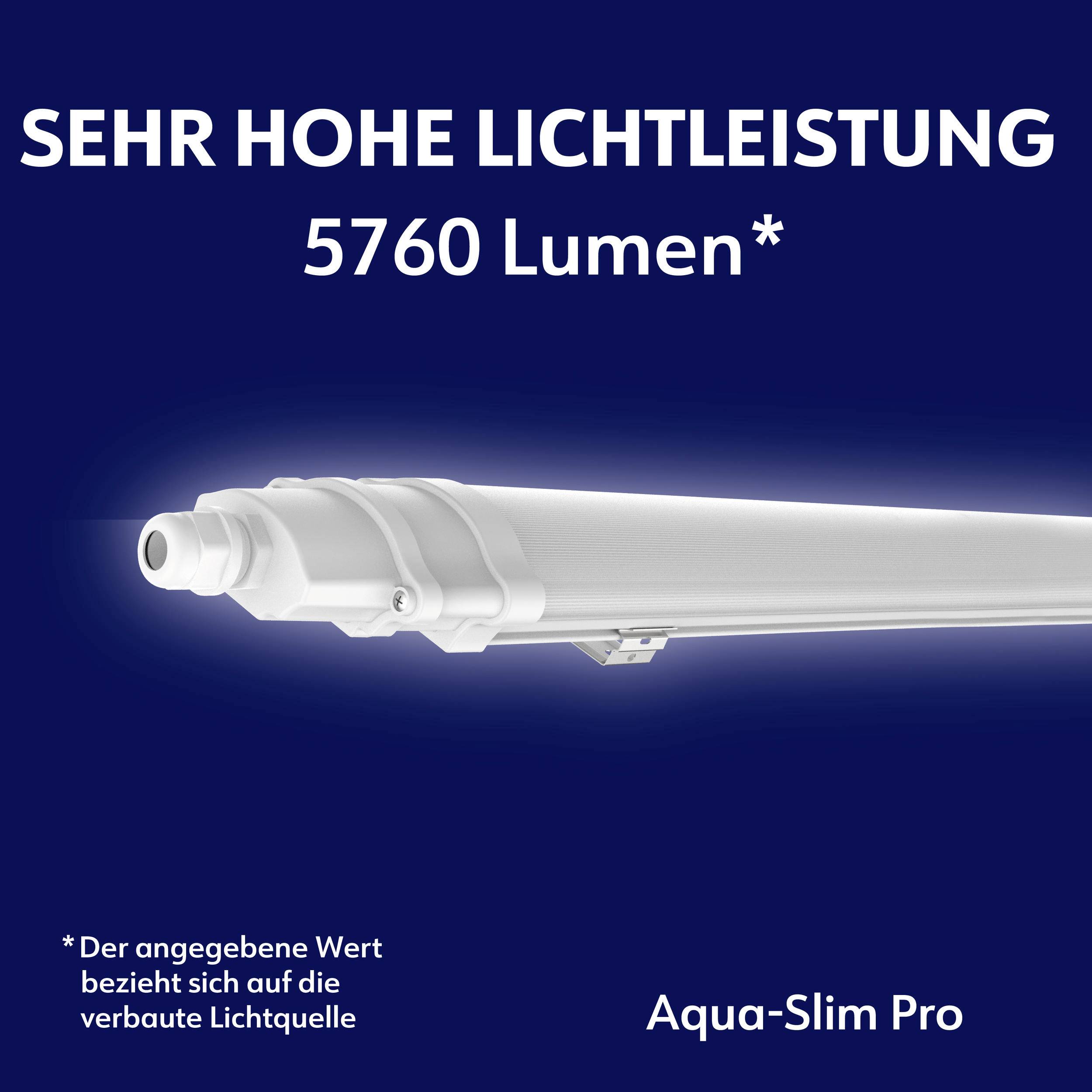 Lysrör med text 'MYCKET HÖG LJUSEFFEKT 5760 Lumen'. Varumärke 'Aqua-Slim Pro' nere till höger.