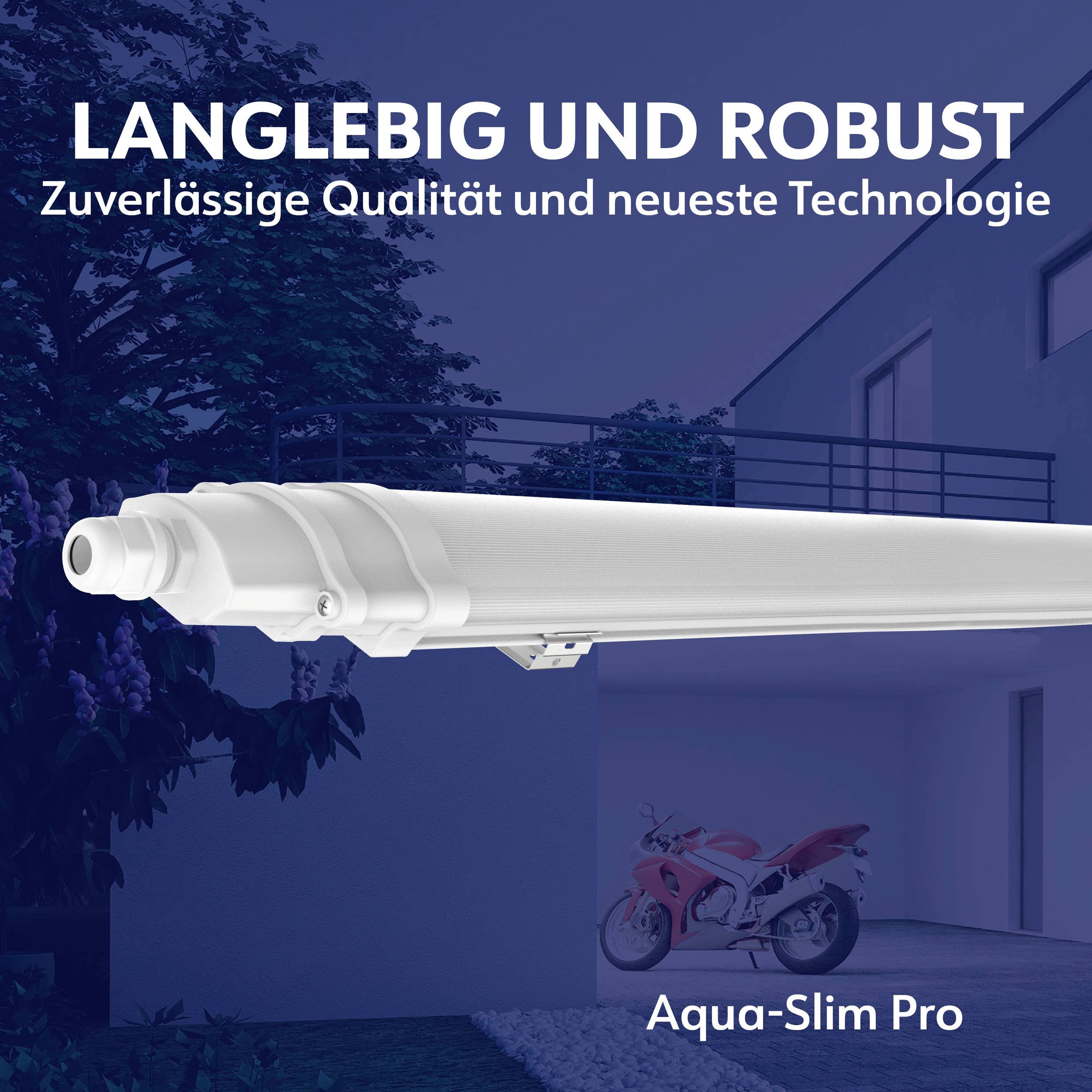 Långlivad och robust. Pålitlig kvalitet och senaste teknologin. Aqua-Slim Pro. LED-lampa framför modern byggnad och motorcykel.