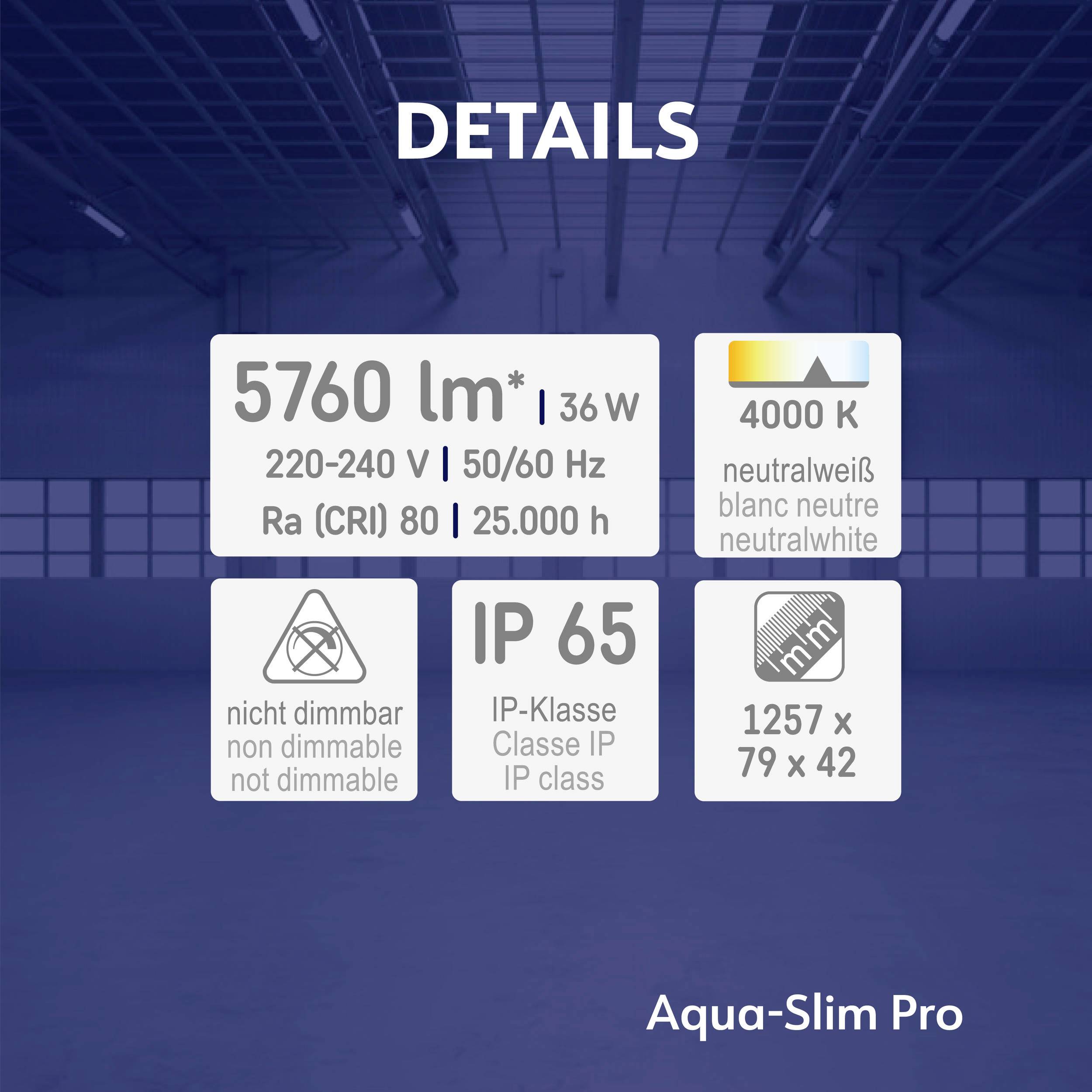 Bilden visar tekniska detaljer för produkten 'Aqua-Slim Pro', inklusive ljuseffekt, spänning, färgåtergivning och skyddsklass.