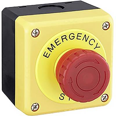 En gul nödstoppsknapp med röd tryckknapp, märkt med 'EMERGENCY STOP'. Används för omedelbar maskinstopp.