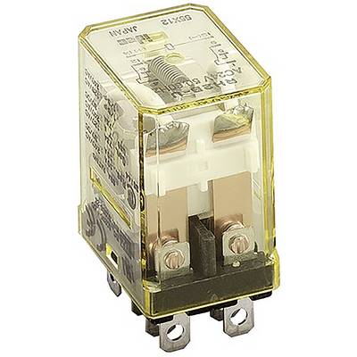 Ett transparent elektromagnetiskt relä med synliga kopparanslutningar och en spole, används för elektriska kretsar.