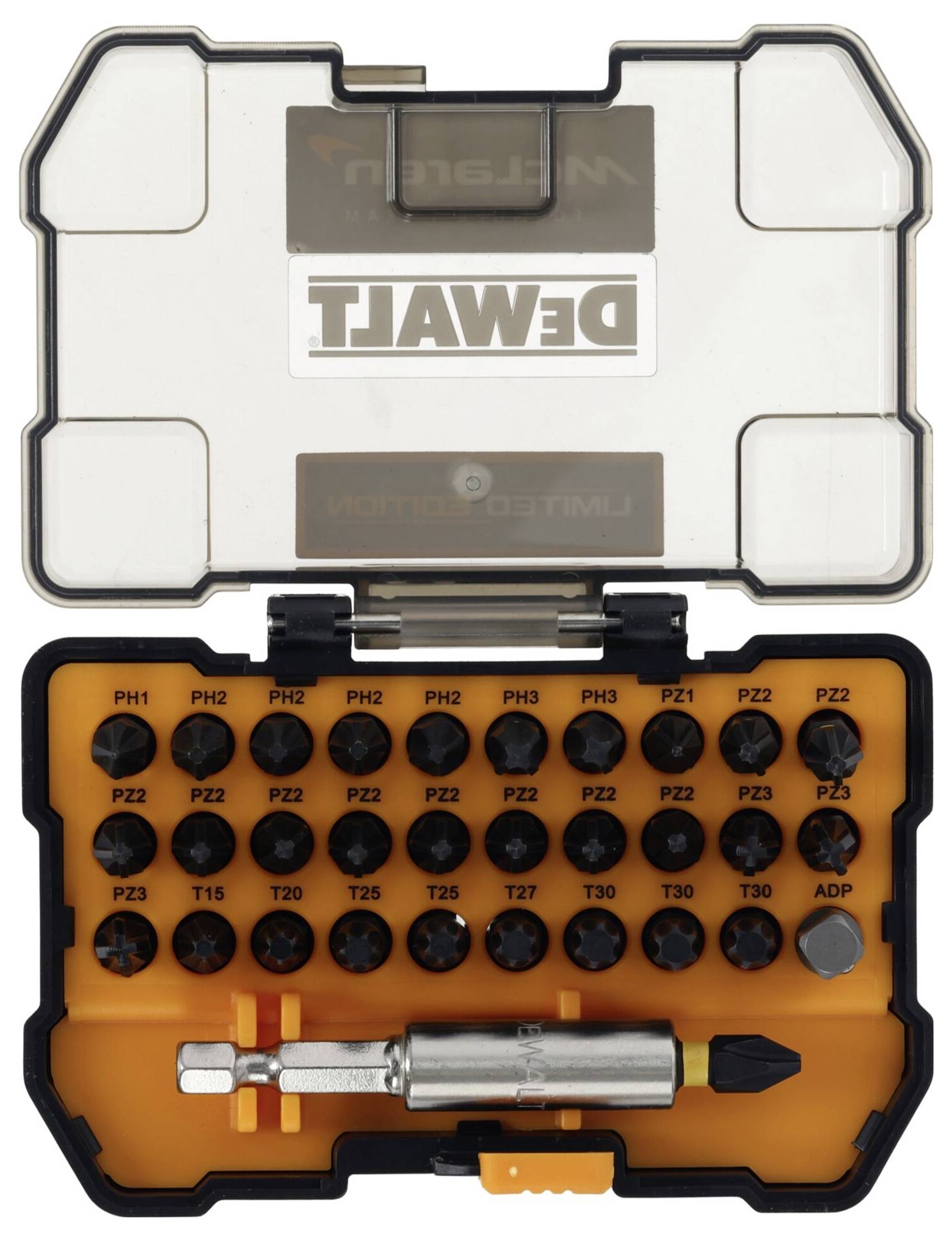 Dewalt bitssats: 32 bits-insatser i olika storlekar i en öppen låda med orange invändig fack.