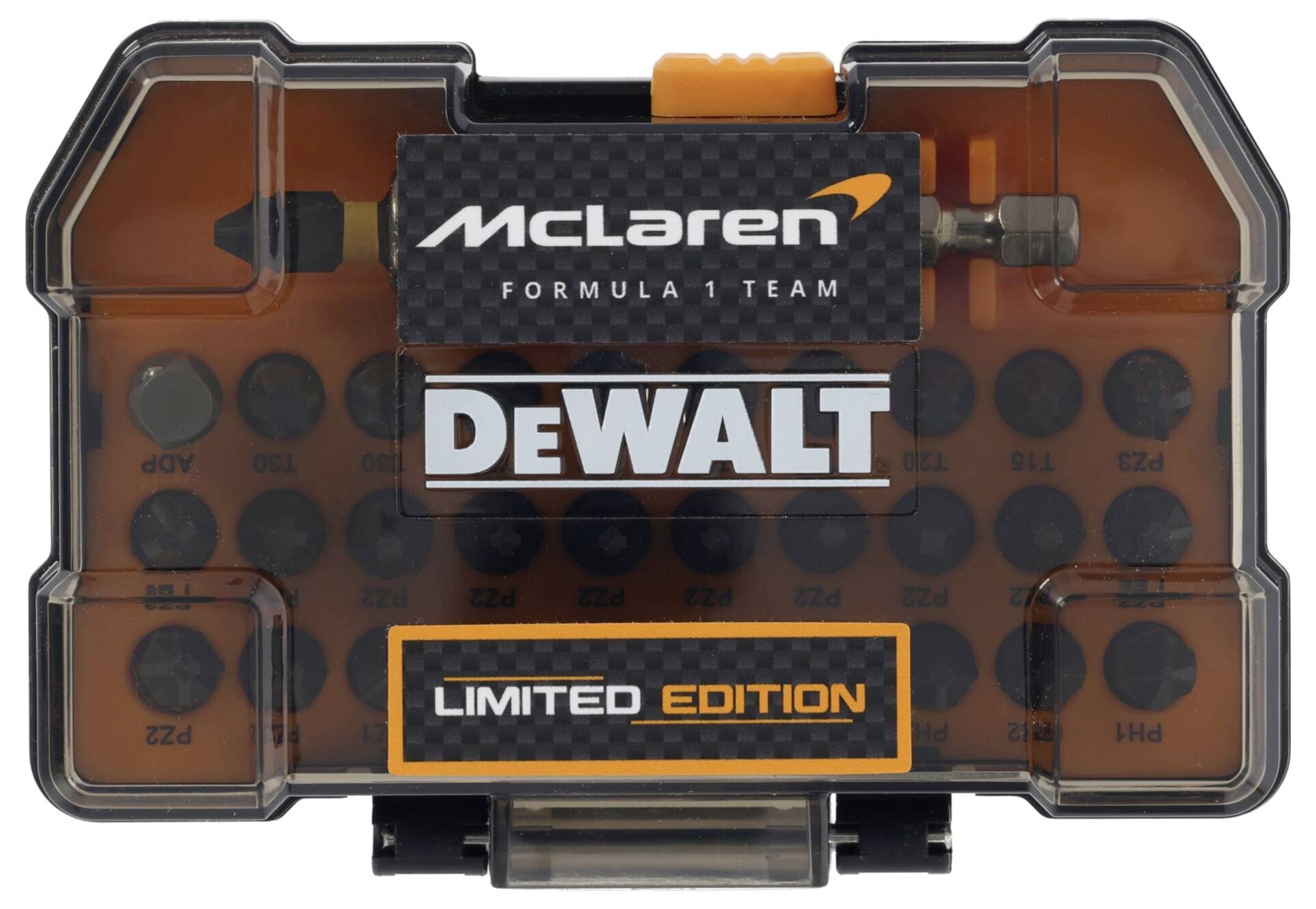 "McLaren Formula 1 Team DeWalt Limited Edition" verktygslåda med orange design och genomskinliga lock. Innehåller olika bits.