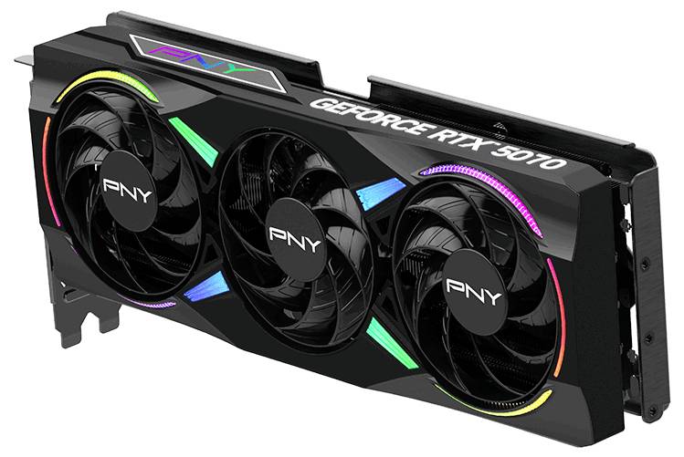 Grafikkort från PNY GeForce RTX 4070 med tre fläktar och RGB-LED, lämpligt för kraftfulla spel- och grafikapplikationer.