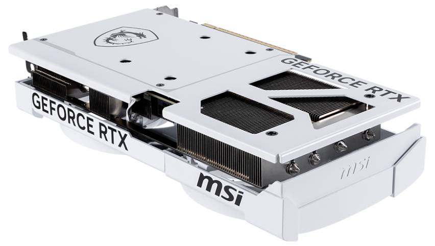 Ett vitt grafikkort med texten 'GEFORCE RTX' och MSI-logotyp på ovansidan, med synliga kylflänsar och fläktelement.