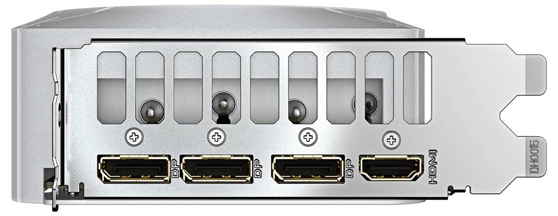 Datorns baksida med fyra anslutningsportar: tre DisplayPorts och en HDMI-port, identifierbara genom etiketterna bredvid.