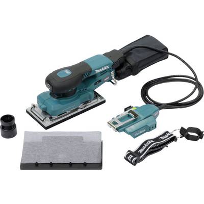 En blå elektrisk slipmaskin med nätkabel, dammpose, tillbehörsdelar och slippapper. Lämplig för precisionsslipning.