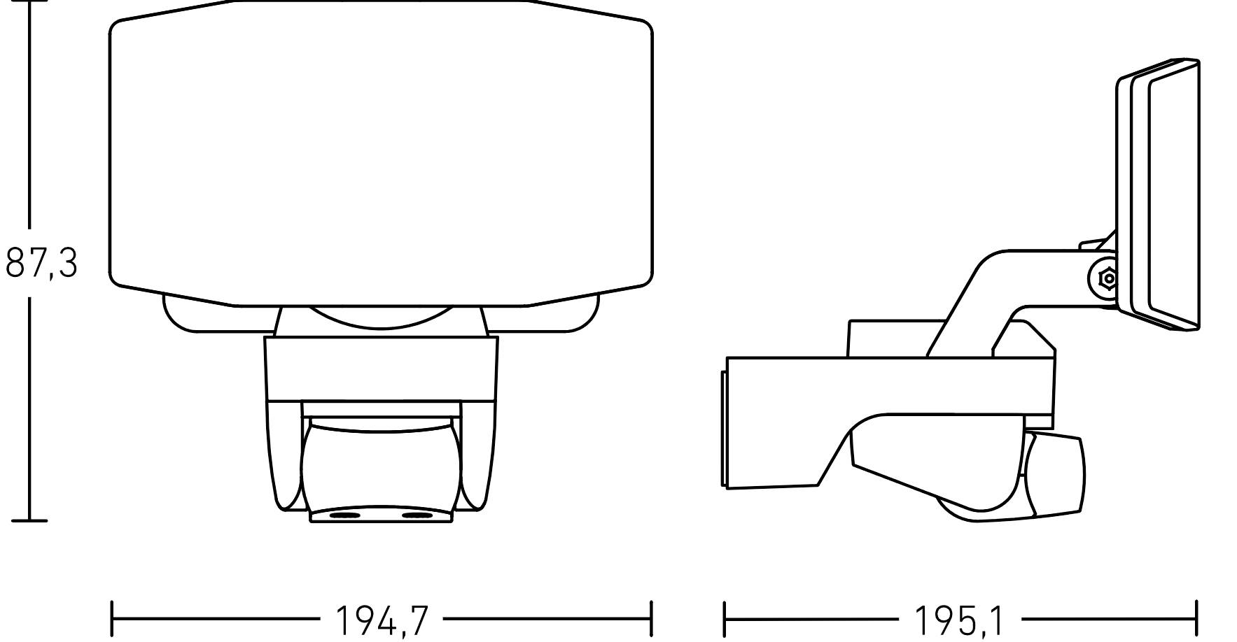 Teknisk ritning av en övervakningskamera med dimensioner: Bredd 194,7 mm, höjd 87,3 mm, längd 195,1 mm. Sido- och frontvy.