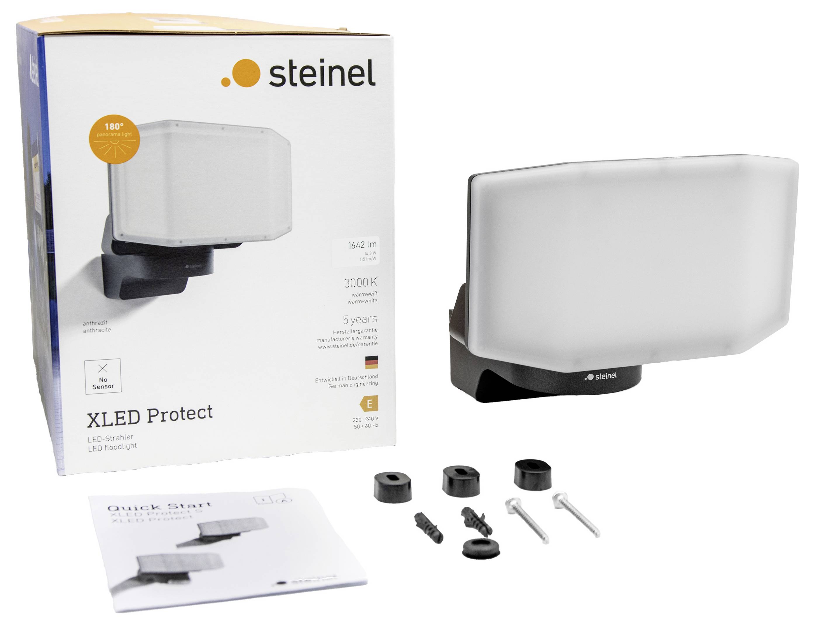 LED-strålkastare 'Steinel XLED Protect' med förpackning och tillbehör. Visar säkerhetsbelysning, 3000 K, 5 års garanti. Väggmonteringstillbehör ingår.