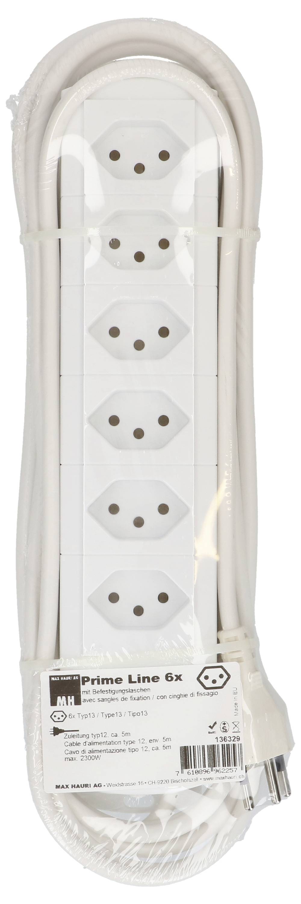 Förpackad vit grenuttag med sex uttag och lång kabel. Produktetiketten visar varumärket 'MH' och modellen 'Prime Line 6x'.