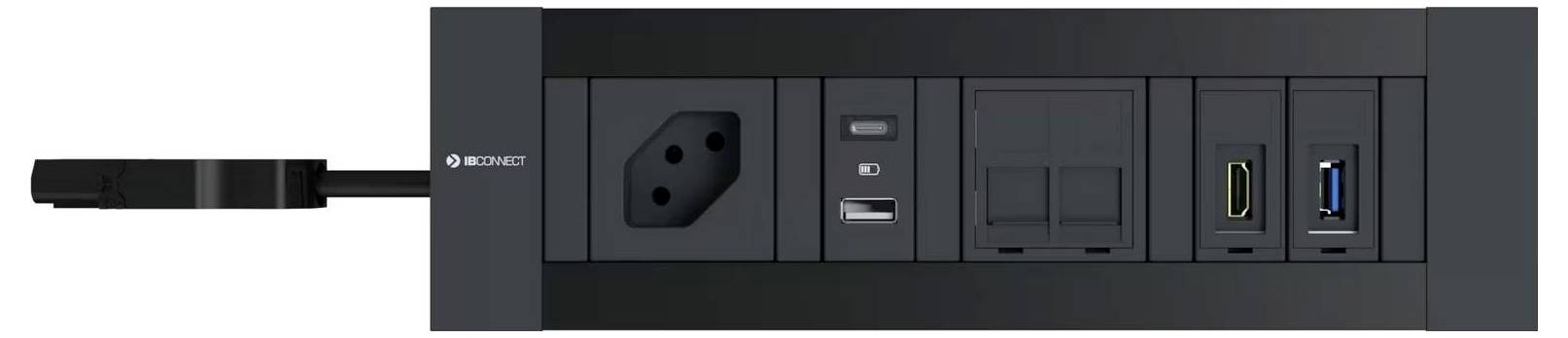 Svart grenuttag med eluttag, USB-, HDMI- och Ethernet-anslutningar. Perfekt för skrivbordsmontage och mångsidig anslutning.